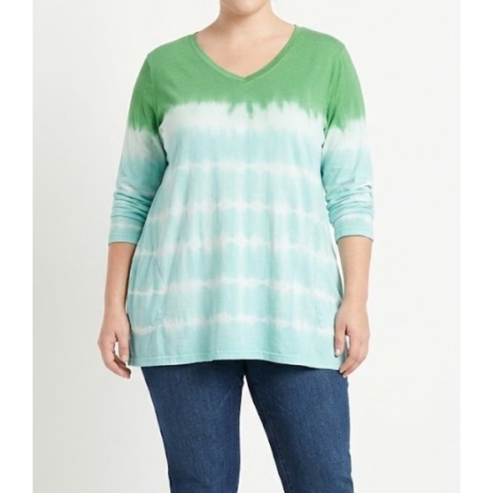 LOGO Lori Goldstein Tunic XL Green Tie Dye Ombre V-Neck Pocket Stretch Knit